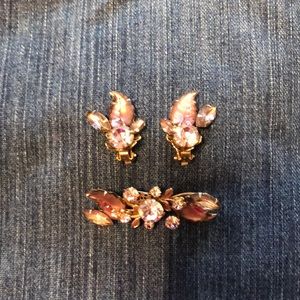 Set of Antique Pink Rhinestone Earrings and Brooch